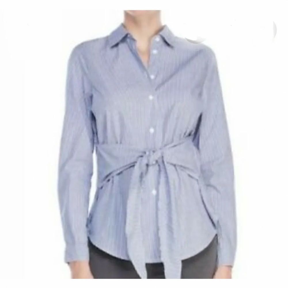 NWT Beach Lunch Lounge Blue and White Pinstripe Tie Front Button Down Blouse-S - Picture 1 of 13